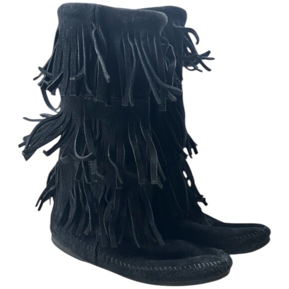 Minnetonka Boot Women 7 Black Suede Mid Calf 3 Tier Fringe moccasin boho Festiva - Picture 3 of 16